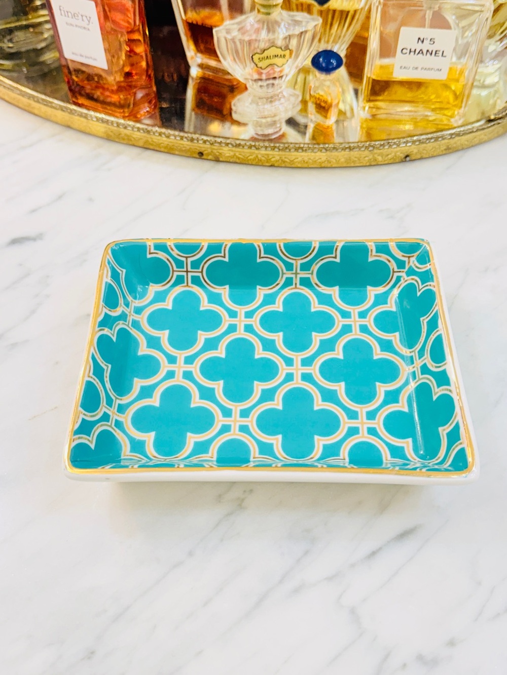 I. Godinger & Co. Turquoise Quatrefoil Porcelain Trinket Dish w/ Gold Trim
